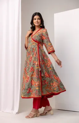Cloud Grey Angrakha Cotton Suit Set with Hand Block Prints