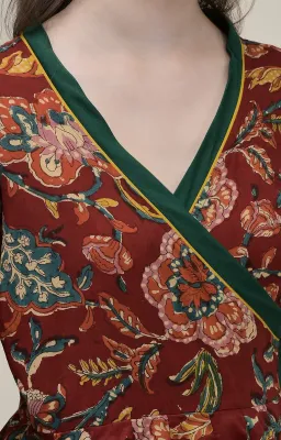 Hand Block Printed Dark Red Cotton Angrakha Suit Set