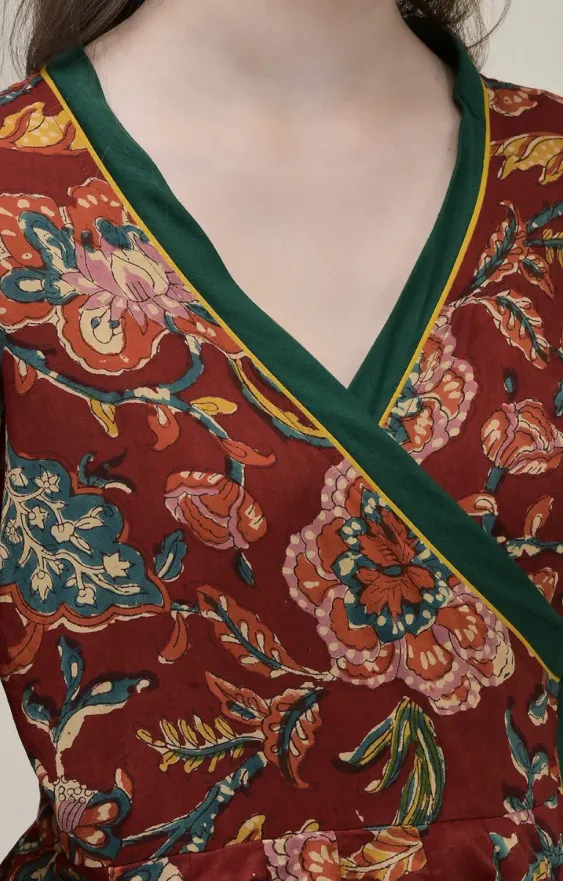 Hand Block Printed Dark Red Cotton Angrakha Suit Set