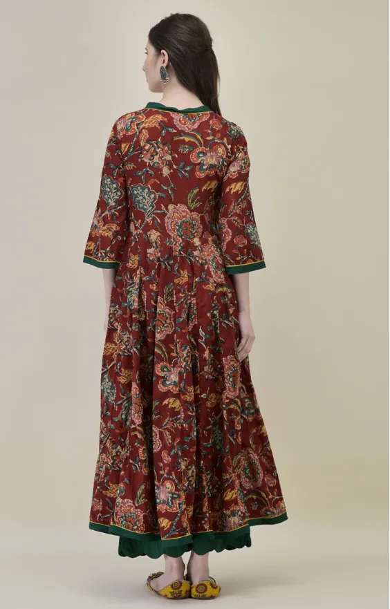 Hand Block Printed Dark Red Cotton Angrakha Suit Set