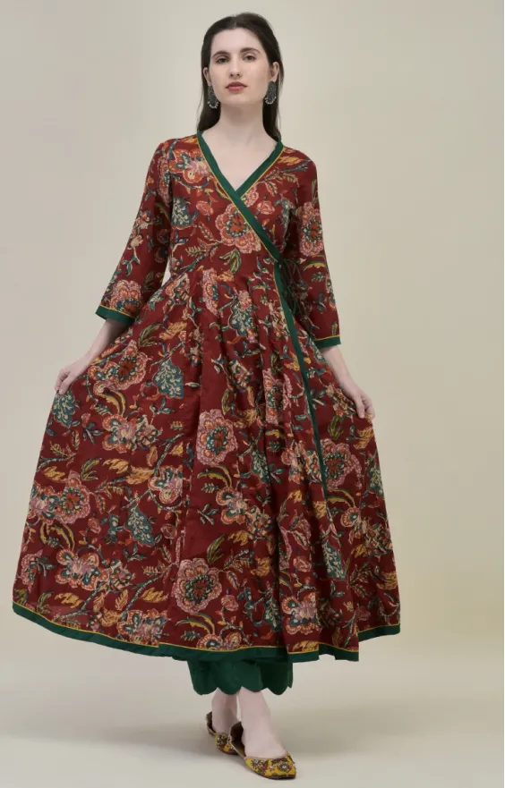 Hand Block Printed Dark Red Cotton Angrakha Suit Set