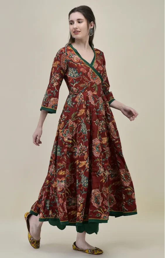 Hand Block Printed Dark Red Cotton Angrakha Suit Set