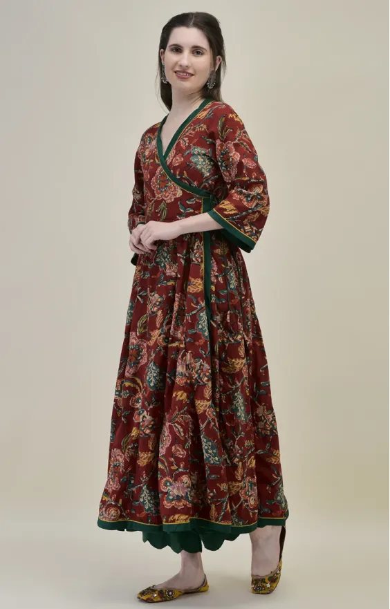 Hand Block Printed Dark Red Cotton Angrakha Suit Set